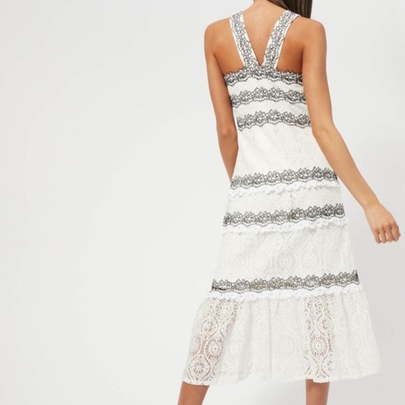 Anthro Foxiedox Ivory & Black Lace Midi Dress Medium - Picture 6 of 10